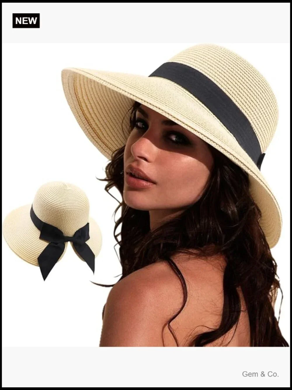 Wide Brim Straw Bucket Sun Hat with Bowknot UPF 50+ Foldable Travel